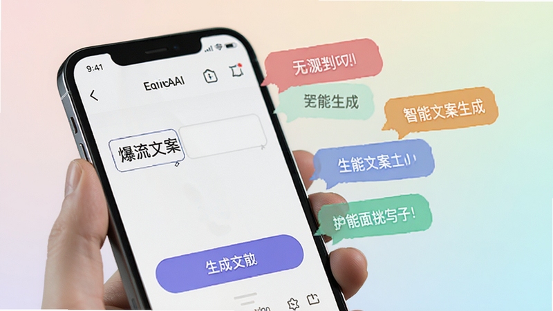爆流AI 智能文案生成界面特写 手机屏幕显示输入框与生成按钮 旁边漂浮着多段彩色文字气泡 背景柔和渐变 突出AI写作概念 画面干净明亮