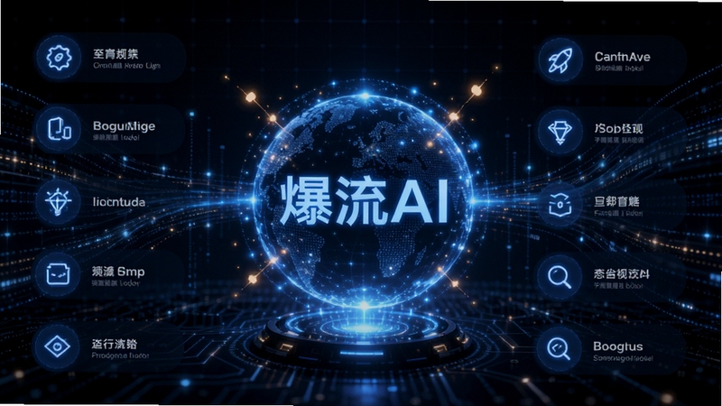 爆流AI 主界面中心位置展示蓝色智能光球 背景为深色科技网格与流动数据线条 周围环绕文案图标与灵感火花 整体风格现代简洁 适合Boogu模型生成 高清细节 16:9比例