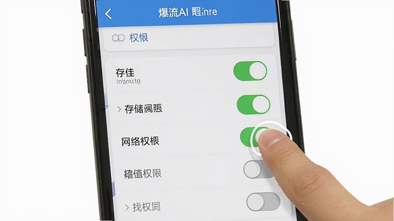 爆流AI 安装权限设置界面示意图 手机屏幕显示权限开关列表 存储与网络权限为绿色开启状态 其他权限灰色关闭 背景简洁白色 带有手指点击示意