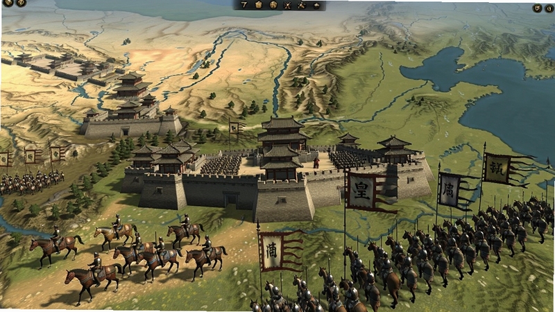 骑马与砍杀三皇大战 游戏主界面全景 中央是古代三国城池场景 背景为辽阔的中原地图和行军中的士兵队列 旗帜飘扬 画面风格写实大气 适配Boogu模型生成