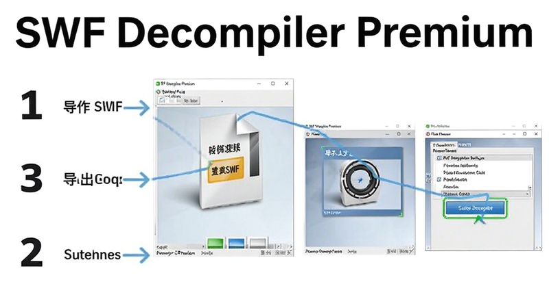SWF Decompiler Premium 操作教程示意图,画面左侧为软件操作步骤编号,右侧展示导入SWF文件、设置导出格式、点击反编译按钮三个关键界面截图,背景为白色,软件名称SWF Decompiler Premium 标注在顶部,风格简洁清晰