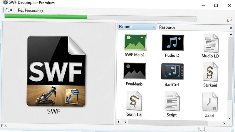 SWF Decompiler Premium 软件正在将SWF文件反编译为FLA源文件,界面中显示进度条与资源列表,左侧为原始SWF文件图标,右侧为提取出的图片、音频、脚本等分类图标,背景为浅灰色工作区,软件名称SWF Decompiler Premium 出现在窗口标题处,画面清晰专业