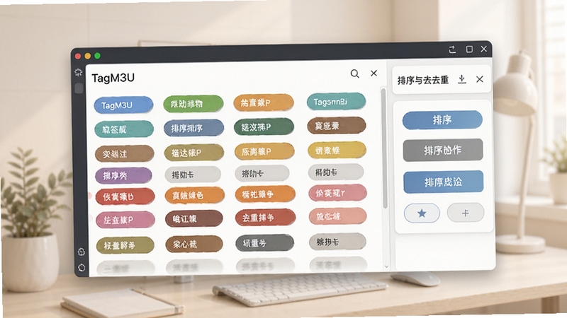 TagM3U标签管理与排序功能示意图,画面中心为软件界面中的彩色标签分类面板,不同标签以不同颜色区分,右侧显示排序与去重操作按钮,背景为柔和的浅色办公环境,整体视觉清晰有序。