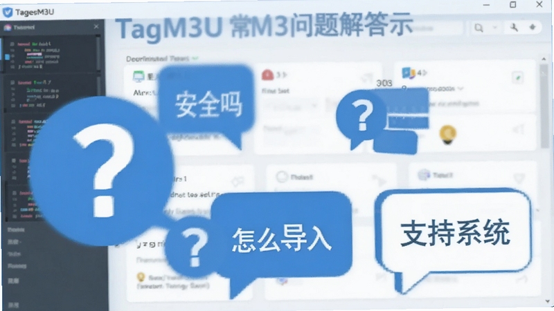 TagM3U常见问题解答示意图,画面以软件界面为背景,前方浮现多个问号图标与对话气泡,气泡内文字为“安全吗”“怎么导入”“支持系统”,整体风格扁平化,色调以蓝白为主,体现帮助与解答主题。