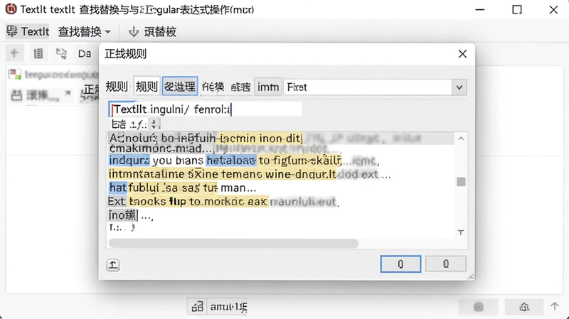 TextIt查找替换与正则表达式操作界面,弹出对话框内输入正则规则,编辑区文字被高亮匹配,界面呈现专业工具质感,背景为浅色主题
