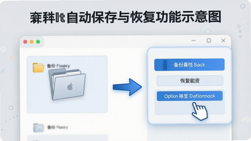 TextIt自动保存与恢复功能示意图,界面显示备份文件夹和恢复选项,背景为浅灰色,突出数据安全概念,适合软件介绍配图