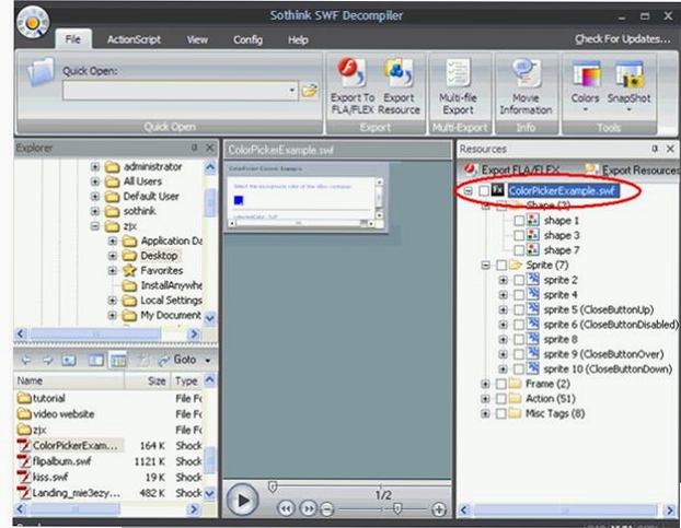 SWF Decompiler Premium 资源提取界面