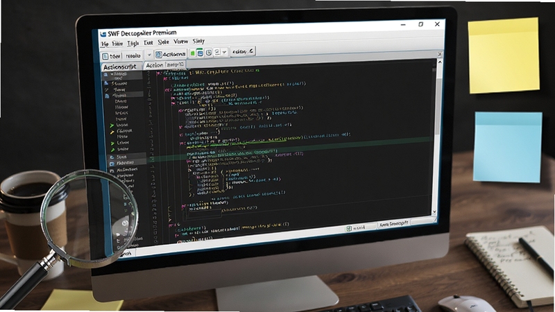 生成一张程序员桌面特写图,画面主体为显示SWF Decompiler Premium软件中ActionScript代码窗口的屏幕,代码行高亮显示,旁边有放大镜和便利贴元素。背景为深色木质桌面,点缀咖啡杯和笔记本,整体氛围专注且富有科技感,突出脚本反编译与查看功能。