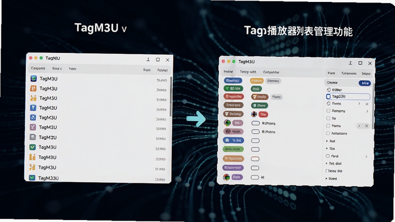TagM3U 与普通播放器列表管理功能对比示意图,画面左侧为简洁的普通列表,右侧为带有丰富标签和筛选选项的 TagM3U 界面,背景为抽象的数据流线条,突出专业感