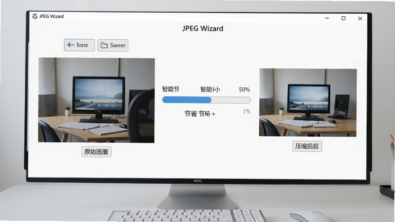 The JPEG Wizard 软件主界面展示智能压缩前后对比效果,左侧原始图片文件较大,右侧压缩后文件变小但画面依旧清晰,界面简洁现代,背景为浅灰色办公桌面,屏幕中央显示压缩进度条与节省百分比,整体风格专业清爽