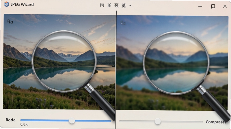 The JPEG Wizard 实时预览对比窗口,左右分屏显示同一张风景照片的原图与压缩后效果,画面中有放大镜工具聚焦细节区域,界面底部有质量滑块,整体色调柔和,突出画质对比功能