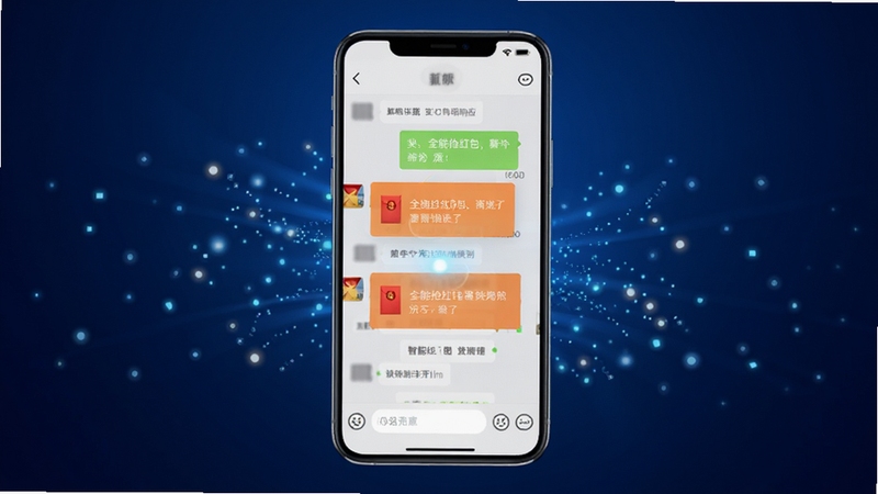 全能抢红包神器智能识别功能展示图,画面中央为手机屏幕模型,屏幕内显示聊天界面中的红包消息被高亮标记,主体坐标居中,背景为深蓝色科技感渐变,周围有光点扩散效果,体现智能识别与快速响应的视觉感受