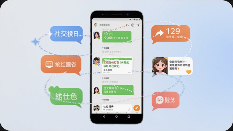 全能抢红包神器多场景适配展示图,画面主体为一部安卓手机位于中央,手机周围环绕多个聊天气泡图标代表不同社交场景,背景为浅灰到淡蓝的柔和渐变,整体风格清新简洁,体现软件多场景稳定运行的特点
