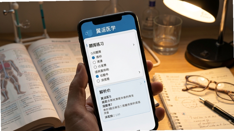 翼遥医学 题库练习界面 手机屏幕显示选择题与解析 背景为医学教材与笔记 学习氛围 暖色灯光 细节清晰