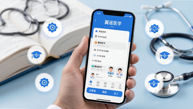 翼遥医学 手机应用界面展示 医学题库与课程页面 蓝色主色调 简洁现代风格 背景为虚化的医学书籍与听诊器元素 画面主体为手持智能手机 屏幕显示翼遥医学APP首页 周围环绕医学图标 高清写实风格