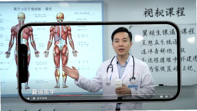 翼遥医学 视频课程播放页面 医学讲师授课画面 手机横屏展示 背景为医学解剖图与知识点板书 明亮清晰 教育场景