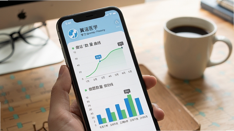 翼遥医学 学习数据统计图表 手机屏幕显示正确率曲线与做题数量柱状图 背景为书桌与咖啡杯 清新明亮 效率工具风格
