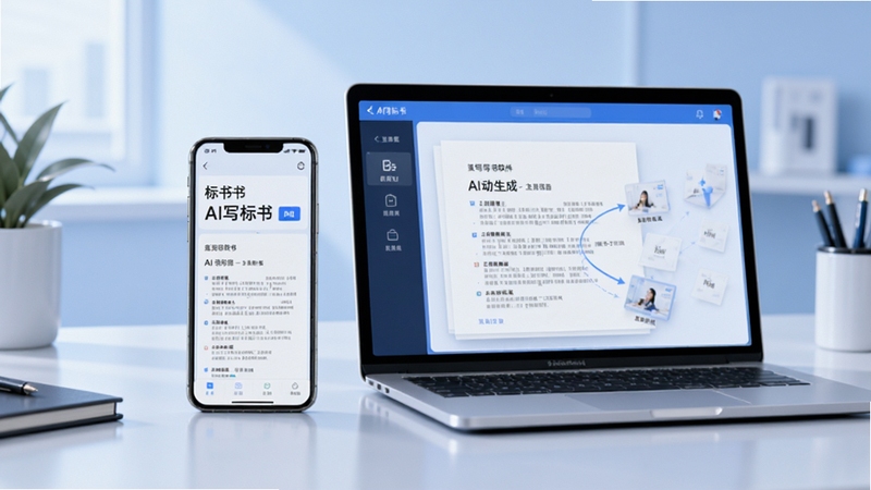 AI写标书软件主界面全貌,画面中央展示一部智能手机与一台笔记本电脑并排摆放,屏幕中呈现标书文档自动生成的动态界面,背景为简洁的商务办公桌面,浅蓝色调,柔和光线,突出AI写标书核心功能,适配Boogu模型生成