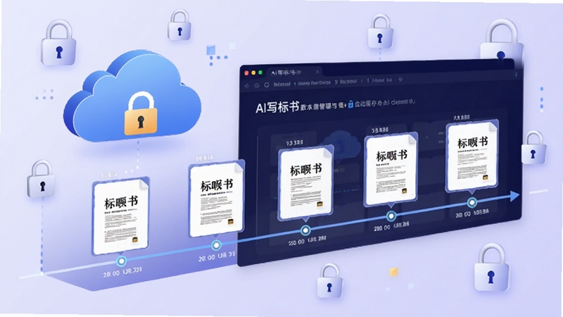 AI写标书版本管理与自动保存功能示意图,画面主体为云端存储图标与时间轴界面,时间轴上排列多个标书版本快照,背景为淡紫色渐变,点缀锁形安全符号,体现AI写标书数据保护与版本回溯的可靠性