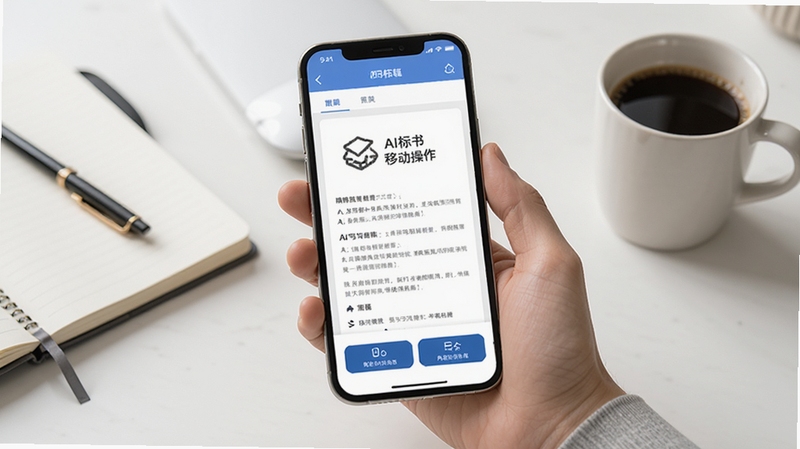 AI写标书移动端操作界面截图风格示意图,画面展示一只手握持智能手机,屏幕中显示标书编辑页面与底部功能按钮,背景为简洁的浅色桌面,旁边放置笔记本与咖啡杯,整体氛围轻松办公,体现AI写标书移动端便捷操作体验
