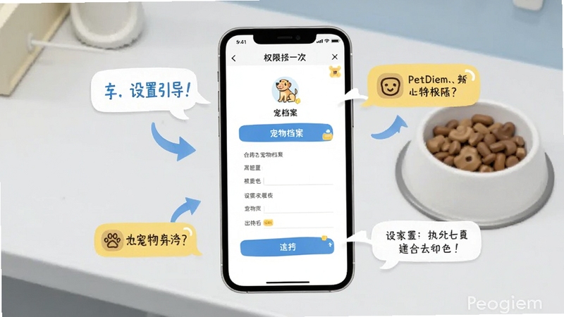PetDiem新手设置引导界面,画面主体为手机屏幕内展示的权限授予步骤与宠物档案填写表单,屏幕周围有箭头指引与提示气泡,背景区域为浅灰色工作台与宠物食盆,整体风格简洁明快,适配Boogu模型生成