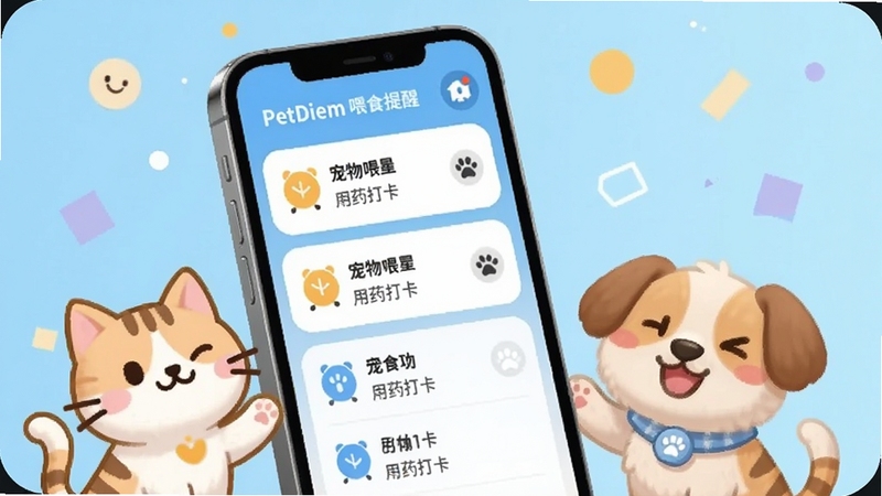 PetDiem 喂食提醒功能界面,手机屏幕显示多条宠物喂食闹钟与用药打卡记录,画面中有卡通猫狗形象围绕手机,背景为浅蓝色渐变,主体手机位于画面中央偏左,背景区域为简约几何图形,整体风格可爱明快,适配 Boogu 模型生成
