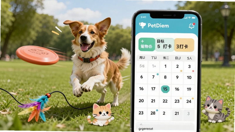 PetDiem 活动计划界面,手机屏幕展示宠物运动目标与打卡日历,画面中有狗狗飞盘和猫咪逗猫棒等元素点缀,主体手机位于画面右侧,背景区域为公园草地场景,整体风格活力清新,适配 Boogu 模型生成