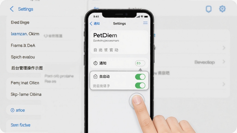 PetDiem 权限设置与后台管理操作示意图,手机屏幕显示应用权限管理页面,高亮标注通知与自启动开关,画面中有手指点击示意,主体手机位于画面中央,背景区域为淡灰色设置界面,整体风格清晰直观,适配 Boogu 模型生成