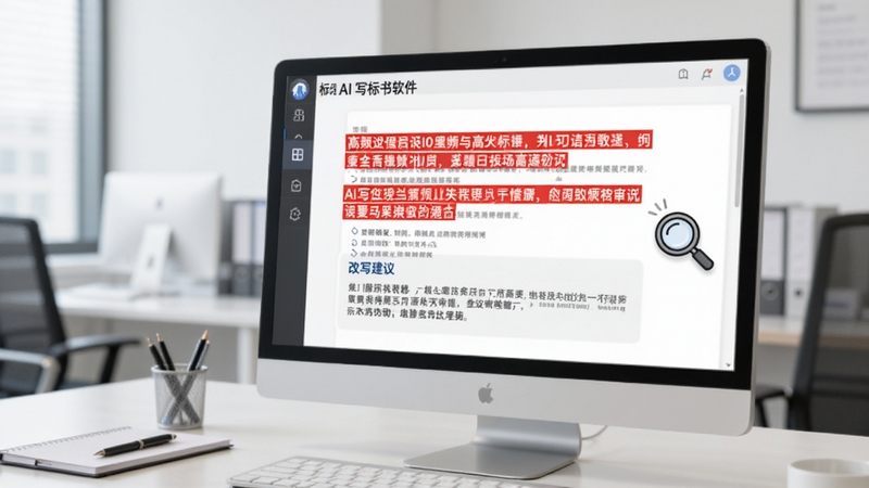AI写标书软件的内容查重提示界面,屏幕上显示标红的高频语句和改写建议,旁边有放大镜图标,背景为浅灰色办公场景,突出严谨细致的文档审核氛围
