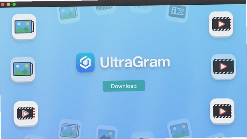UltraGram软件主界面全貌,居中显示软件Logo和下载按钮,背景为浅蓝色渐变,周围环绕图片和视频图标,整体风格简洁现代,适配Boogu模型生成