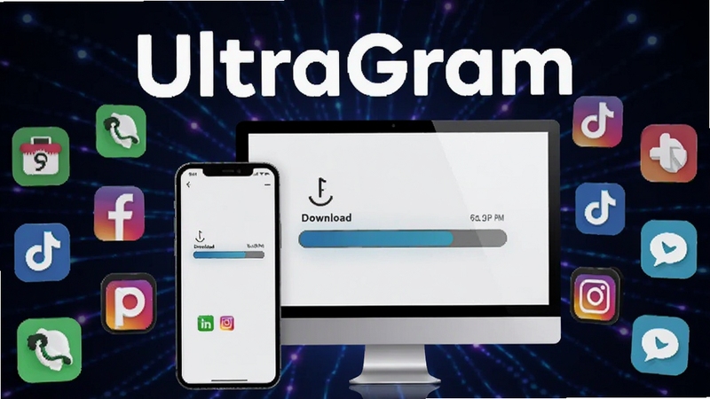 UltraGram多平台解析功能展示图,画面中央是手机和电脑屏幕同步显示下载进度,背景有多个社交平台图标环绕,软件名称UltraGram醒目显示,科技感十足