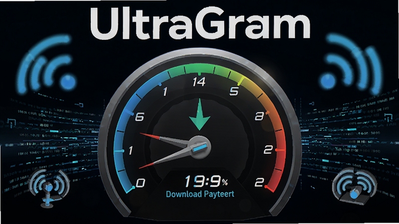 UltraGram极速下载速度展示图,画面中心是速度仪表盘显示高速下载,周围有网络信号图标和数据流线条,软件名称UltraGram在仪表盘上方,整体动感科技风格