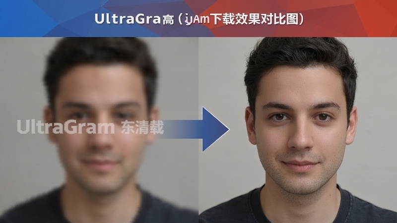 UltraGram高清下载效果对比图,左侧显示带水印模糊画面,右侧显示UltraGram下载后的高清无水印画面,中间有箭头标注,软件名称在顶部居中