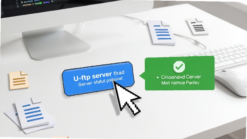 U-ftp server 极速搭建功能展示,画面中一只鼠标指针正点击启动服务器按钮,旁边弹出绿色成功提示框,背景为简洁的白色办公桌面,桌面上散落着几份文档图标,体现轻松配置的过程