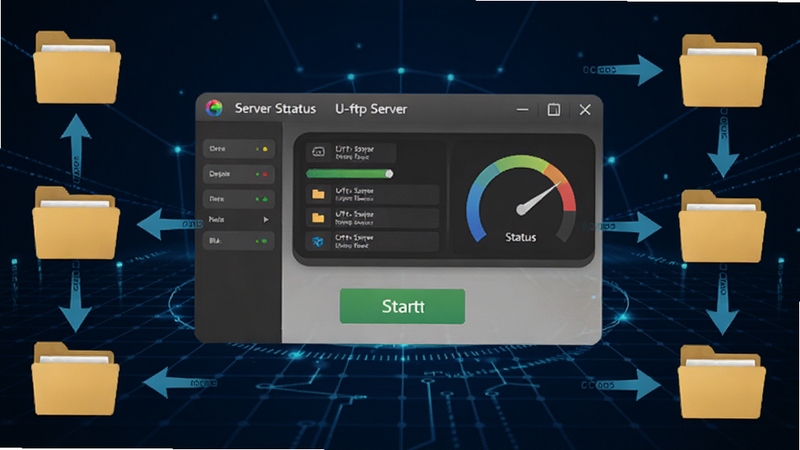 U-ftp server 软件主界面全貌展示,画面中央是简洁的服务器状态仪表盘与启动按钮,背景为深蓝色科技感网格,四周环绕着文件夹图标与数据传输箭头,整体风格专业且直观,适配Boogu模型生成