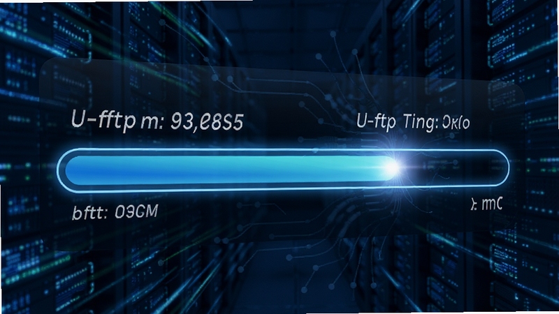U-ftp server 高速传输场景,画面中一条发光的进度条正在快速填充,旁边显示传输速度数字与剩余时间,背景是抽象的数据流线条,突出速度感与稳定性