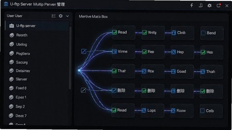 U-ftp server 多用户权限管理界面,画面左侧是用户列表,右侧是权限勾选框矩阵,包含读取、写入、删除、重命名等选项,界面风格为深色模式,带有科技感光线连接各个权限节点
