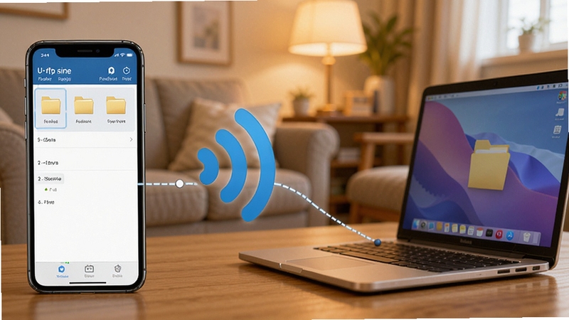 U-ftp server 移动端访问示意图,画面左侧是一部智能手机,右侧是一台笔记本电脑,两者之间通过无线信号图标连接,手机屏幕上显示着电脑文件夹列表,背景为温馨的家居环境