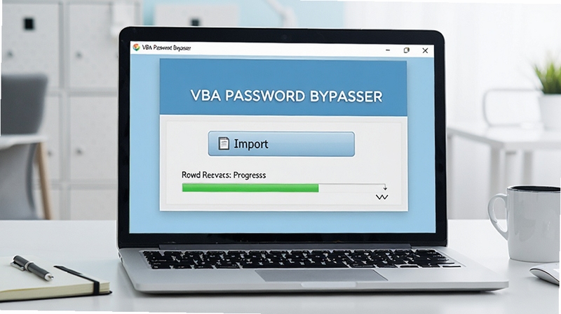 ��������չʾһ̨�򿪵ıʼǱ����ԣ���Ļ����ʾVBA Password Bypasser������Ӣ�Ĳ������棬���������ļ����밴ť������ָ�������������������İ칫���棬�м��±��Ϳ��ȱ�������ɫ��Ϊǳ�����ɫ����������רҵ���ֱ���1080p