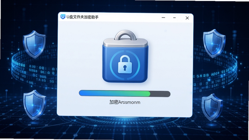 U盘文件夹加密助手正在执行文件夹加密操作的特写画面,界面中央显示加密进度条与旋转的锁形图标,周围环绕着数据流与盾牌元素,背景为深蓝色科技网格,突出安全与速度感,画面包含软件名称U盘文件夹加密助手