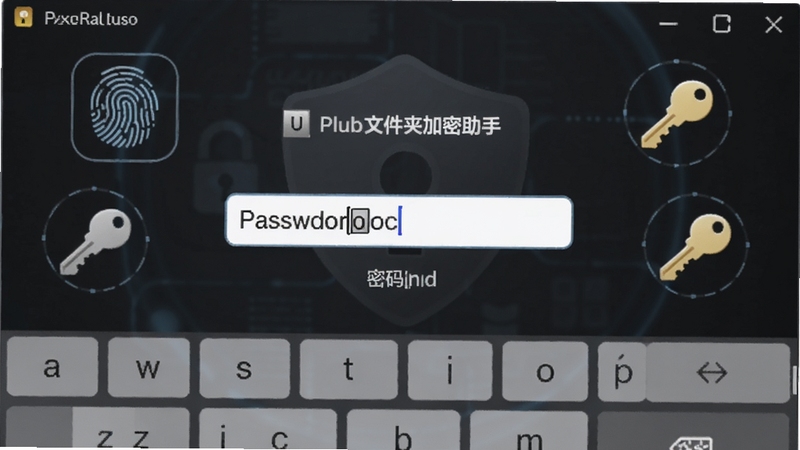 U盘文件夹加密助手的密码输入界面特写,画面中央为密码输入框与虚拟键盘,背景为暗色安全主题,周围环绕着指纹识别与密钥图标,强调密码保护与权限管控,画面自然融入U盘文件夹加密助手字样