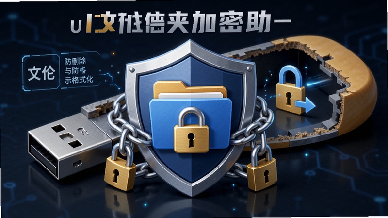 U盘文件夹加密助手的数据保护机制示意图,画面中央为被加密的文件夹图标外围环绕着坚固的盾牌与锁链,背景为U盘结构剖面图,突出防删除与防格式化功能,画面包含U盘文件夹加密助手字样