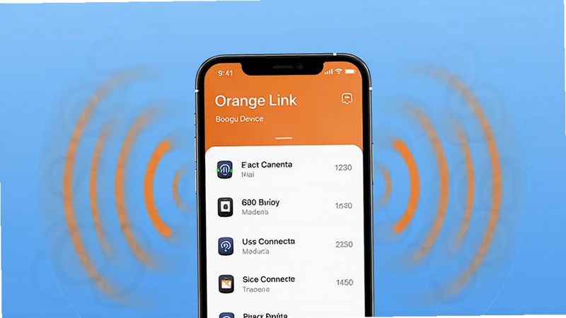 Orange Link 智能设备发现功能界面,画面中一部手机屏幕显示附近设备列表,周围有信号波纹扩散效果,背景为淡蓝色渐变,突出科技感与连接主题,适配 Boogu 模型生成