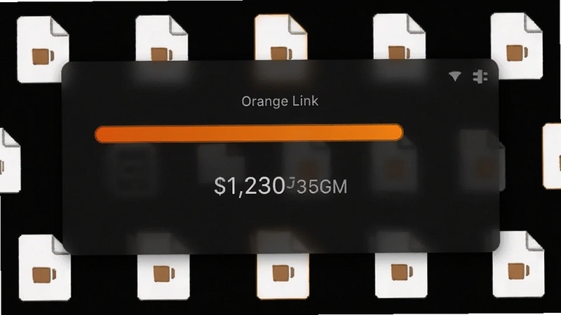 Orange Link 传输进度界面,画面中央为橙色进度条和速度数值,背景为深色半透明面板,周围有文件图标环绕,整体风格现代简洁,适配 Boogu 模型生成