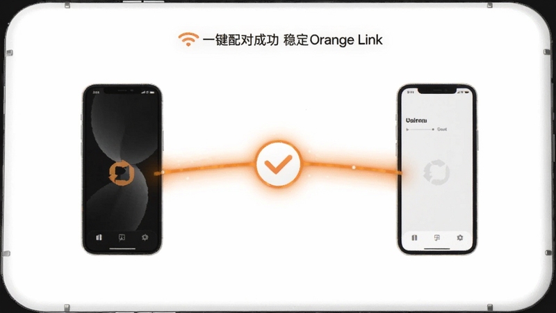 Orange Link 一键配对成功界面,画面展示两部手机之间有一条橙色光线连接,光线中央显示对勾图标,背景为白色简约风格,突出快速与稳定,适配 Boogu 模型生成
