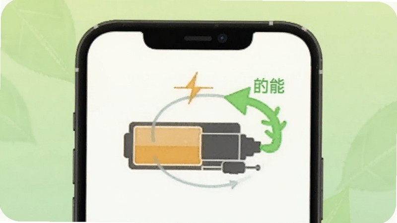 Orange Link 低功耗后台运行示意图,画面展示手机电池图标与绿色节能标识,背景为浅绿色渐变,风格清新自然,适配 Boogu 模型生成