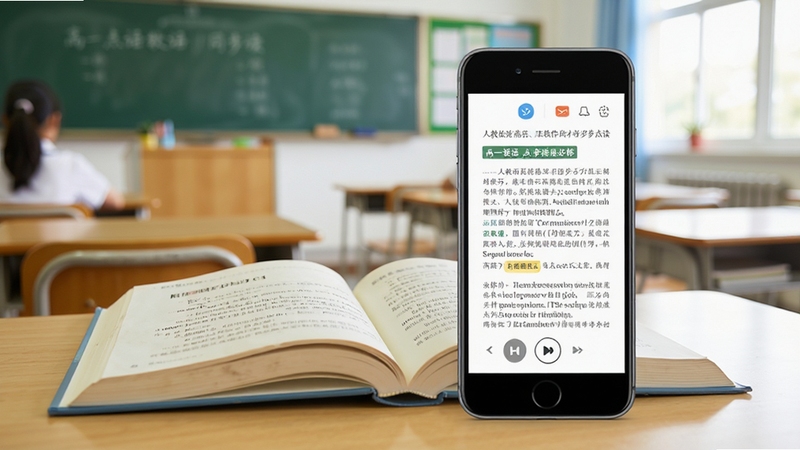 高一英语点读软件课本同步点读界面展示,手机屏幕显示人教版高中英语必修教材页面,下方有播放控制按钮,背景为明亮的教室场景,书本与手机并排摆放