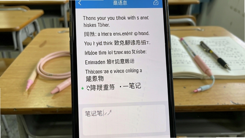 高一英语点读课文翻译与笔记功能界面,手机屏幕显示英文课文和中文翻译对照,下方有笔记输入框,背景为整洁的课桌