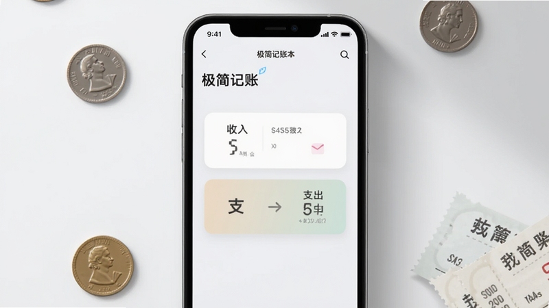 一款名为极简记账本的手机应用界面展示,画面中央是简洁的记账主界面,包含收入与支出两个大按钮,背景采用浅灰白色调,四周有柔和的阴影和零散的硬币与票据装饰元素,整体风格清新简约,分辨率适配手机屏幕展示