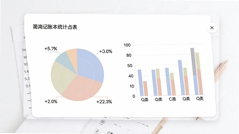 极简记账本统计报表页面,画面中呈现一个简洁的饼状图与柱状图组合,配色柔和,图表旁有分类占比标注,背景为白色卡片式设计,整体视觉清爽